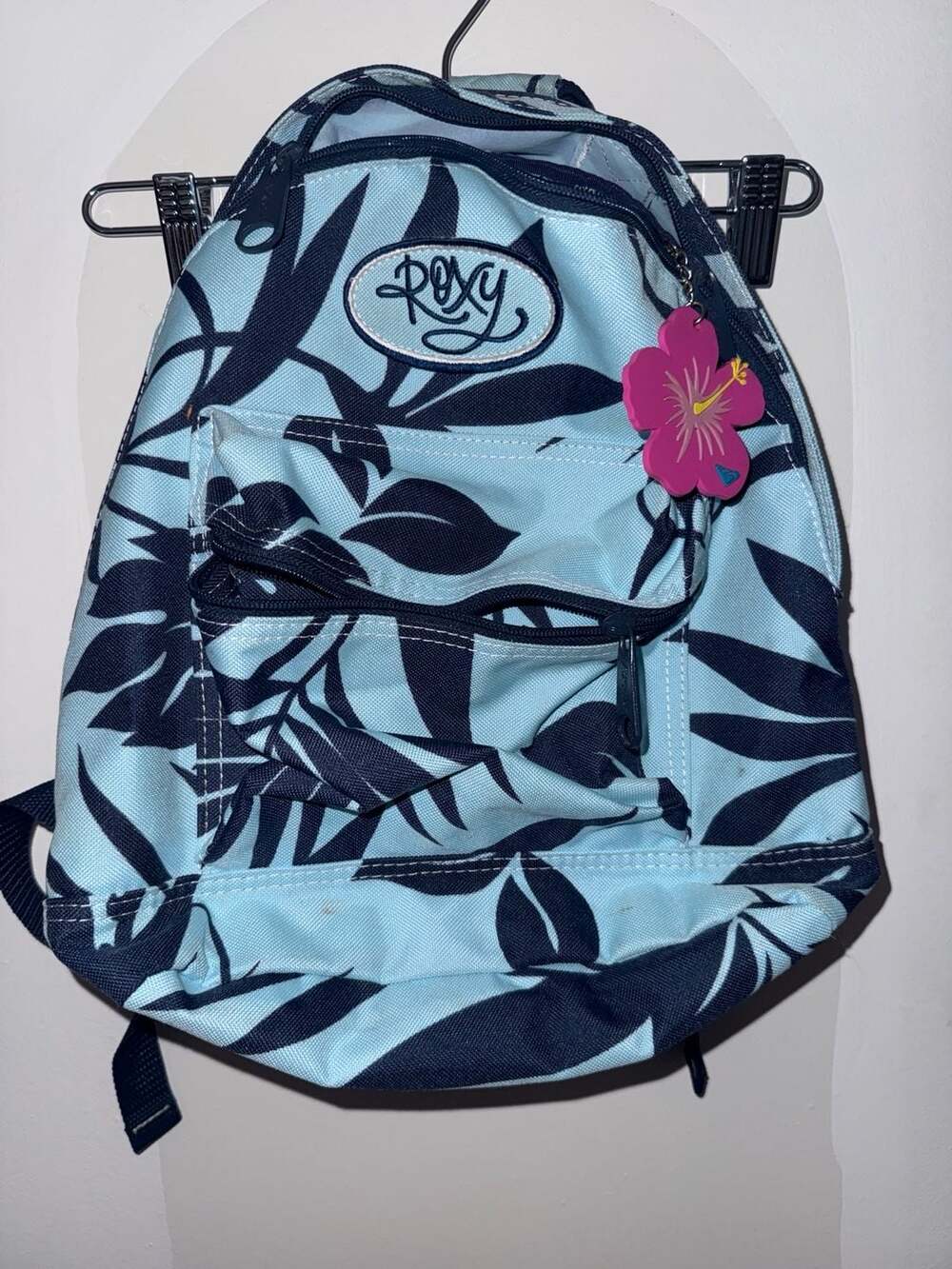 Roxy Blue and Navy Tropical Leaf Print Mini Backpack with Hibiscus Keychain